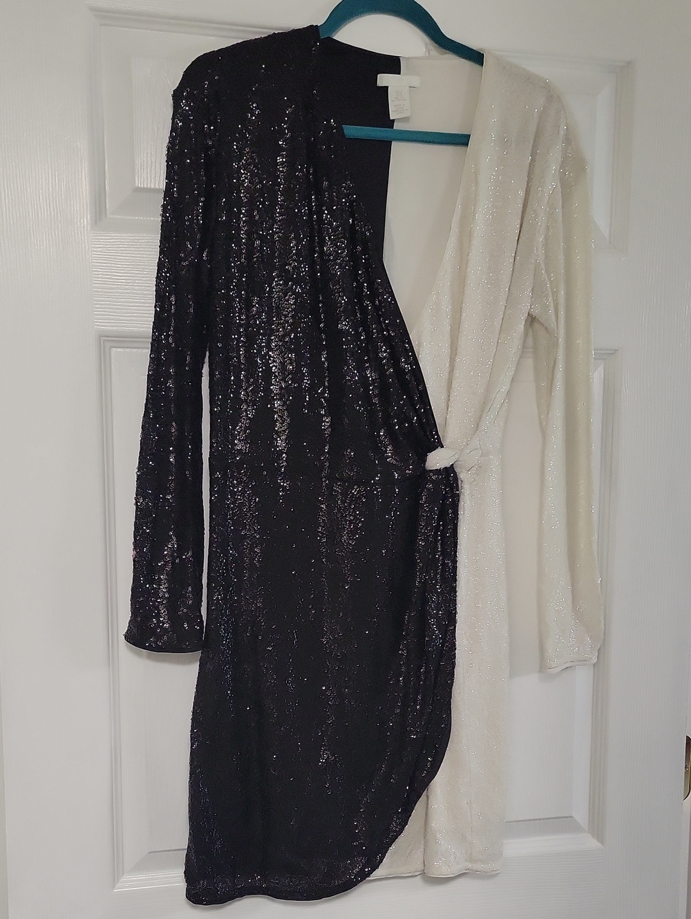 H&M Black and Ivory Sequin Wrap Dress - Knot Detail Long Sleeve